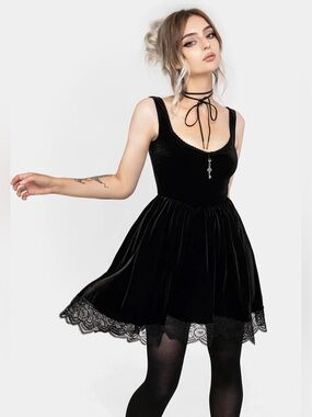 Disturbia - Orbweb Lace Hem Velour Mini Dress